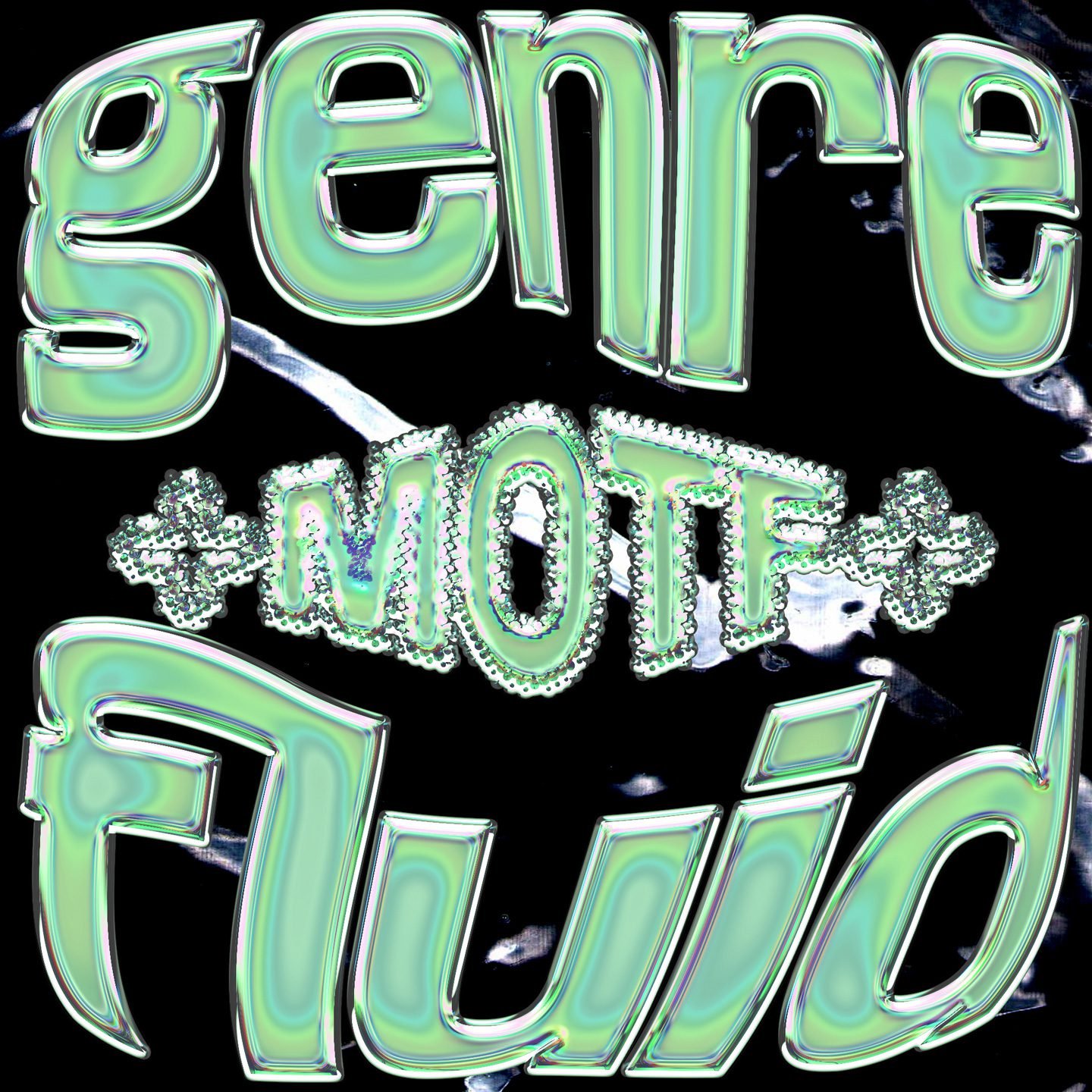 Genre Fluid playlist cover. Warped text that is shaped to give the appearance of being constrained within the square dimension of the image.